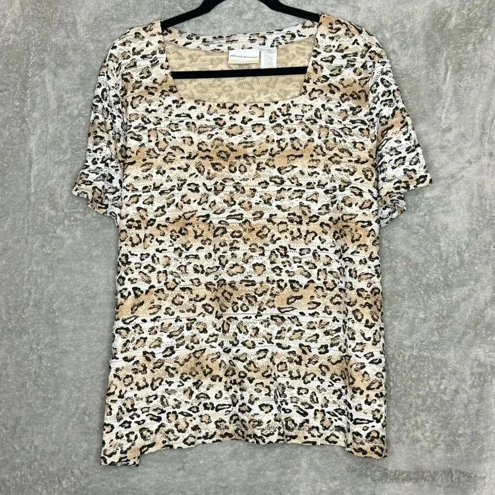 Alfred Dunner 2X Shirt Top Brown Animal Print Short‎ Sleeve Square Neck Stretch